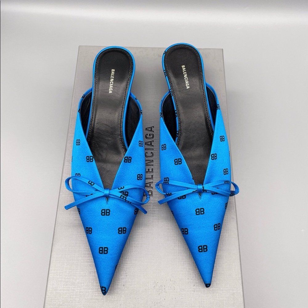 Balenciaga satin kitten heel knife mule BB Allover logo